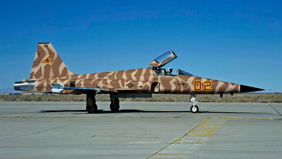 F-5E730879/AF/02, October 2000. Photo © M P Hopper
A stunning brown/sand stripe scheme; a close look will reveal that the the edges of the stripes have been outlined and then filled in - much as we would do on a model - to give tight but soft edges!
