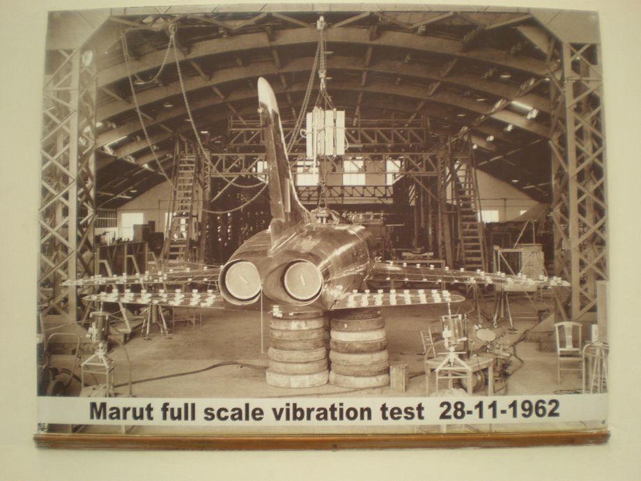 Among the exhibition of the history of HAL is this early picture of the fatigue testing of the prototype Marut, complete with tyres.