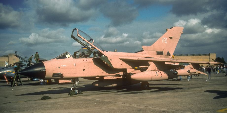 Tornado GR1 ZA492 ‘FE’, four months later at Finningley in September 1991.  The aircraft appears to have been repainted and as a result all the Desert Storm markings have gone as have the bombs.  Photo © D. Draycott.