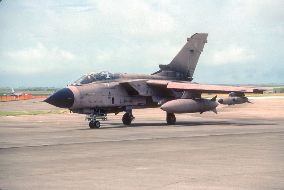 Tornado GR1A ZA395 ‘N’ was one of two aircraft to carry the title “Snoopy Airways”.  Unfortunately, by the time it was photographed at RAF Brawdy in 1991 all Desert Storm decoration had been removed.  See the recently added additional photo below for the other 