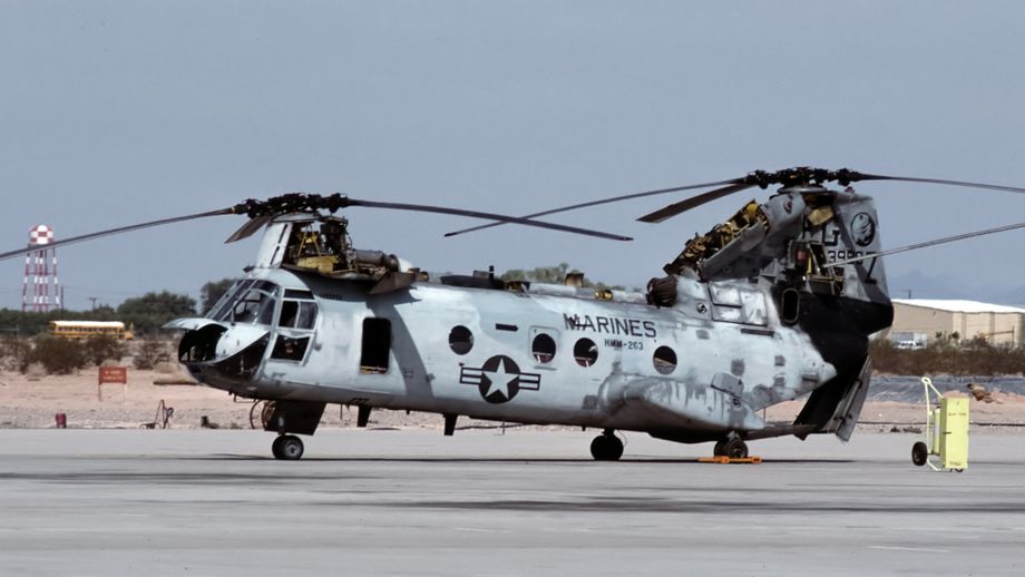 The workhorse of the USMC logistics effort was the CH-46D/E Sea Knight, known to the Marines as the “Phrog” or “Battle Phrog”. This is CH-46E 15990/EG/Z from HMM-263. Normally based at MCAS New River, she was seen at rest at MCAS Yuma. HMM-263 was deployed on the amphibious assault ships USS Guam (LPH-9) and USS Iwo Jima (LPH-2) as part of MAG-40.  Photo © M. Hopper.