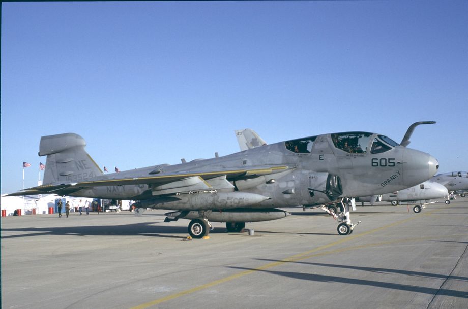 EA-6B 163524/NE/605 “Spanky” operated from USS Ranger with VAQ-131 “Lancers”. Nose art was fairly rare for Navy aircraft and the reasons for the name are unclear. Seen here at the October 1991 Dallas Alliance show, the airframe is showing signs of wear and tear after her exploits in the Gulf - great for the weathering gurus out there. All EA-6B aircraft operated during the Gulf War were ICAP II standard.  Photo © M. Hopper.