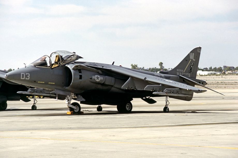 VMA-311 “Tomcats” was amongst the first to deploy their relatively new AV-8Bs, including163519/03/WL seen here, after hostilities had ceased, at MCAS Yuma. The “Tomcats” were the most forward deployed fixed-wing USMC squadron. On January 17th 1991, the squadron became the first to utilize the AV-8B in combat when a flight of four Harriers destroyed an Iraqi artillery position during the Battle of Khafji.  Photo © M. Hopper.