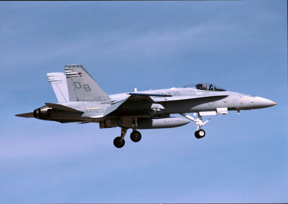 VMFA “Death Angels” deployed to the Gulf less than a year after receiving their new F/A-18C Hornets. During Desert Shield the squadron was the first fighter squadron on station.  Normally based at MCAS Kaneohe Bay, Hawaii, we were lucky to see F/A-18C 163781/DB/11 at MCAS Yuma for a WTI course.  Photo © M. Hopper.